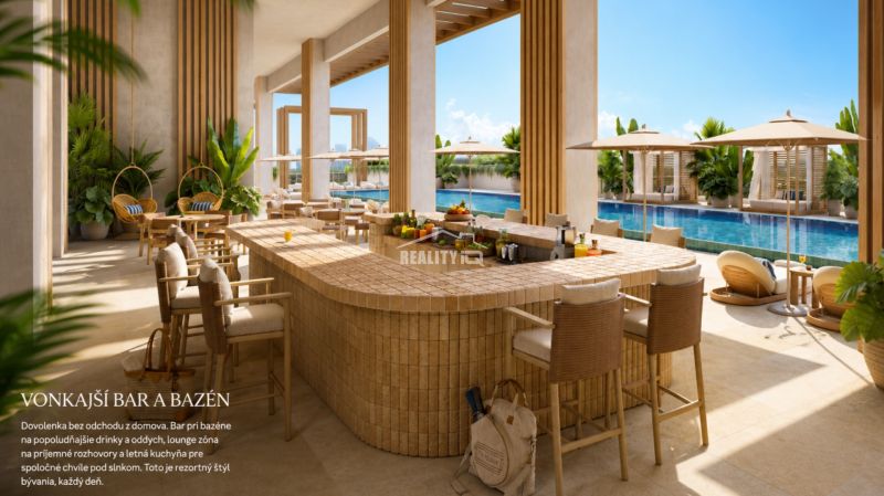 Outdoor bar by the pool with seating, loungers, and greenery in a studio apartment.