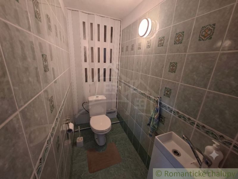 A bathroom in a family house with a toilet, tiled with a patterned design.