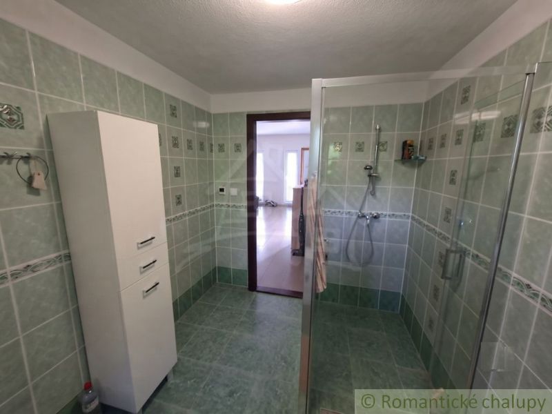 A bathroom in a family house with tiles and a shower corner, green tiles.