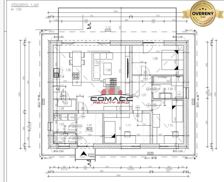 Floor plan of a family house in Moravany nad Váhom on Ducovská Street with the layout of rooms and furnishings.