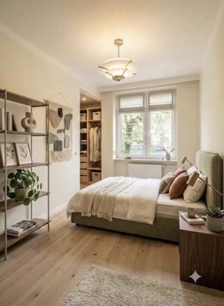 A bedroom in a 3-room apartment with a bed, shelves, and a floor with a wooden decor.