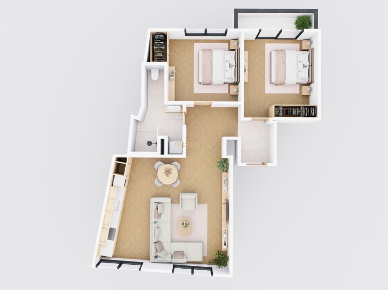 Floor plan of a 3-room apartment with wood-patterned flooring, including a living room and two bedrooms.