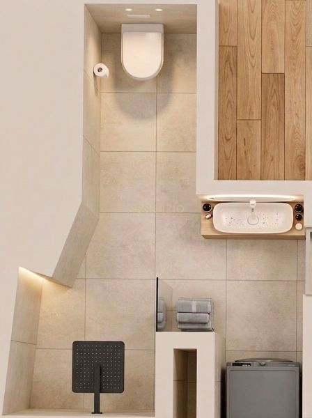 Bathroom solution in a 3-room apartment with a bathtub, sink, and floor with a wooden decor.