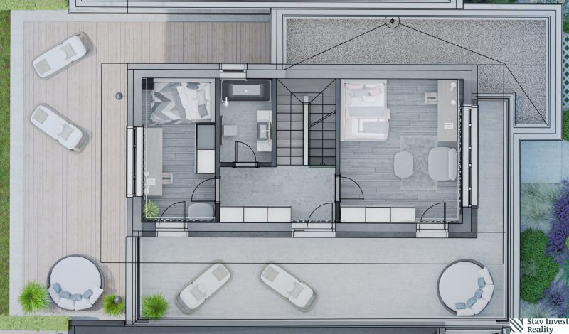 Floor plan of a family house with bedrooms, bathroom, and terrace.
