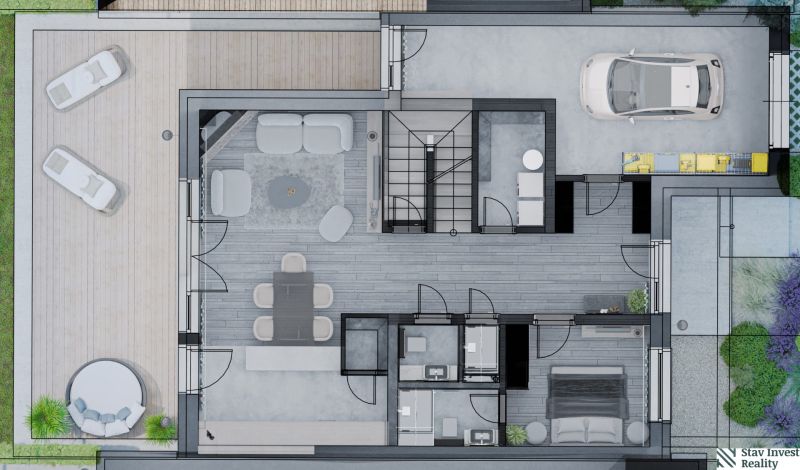 Floor plan of a family house with a wooden decor floor, terrace, and garage.