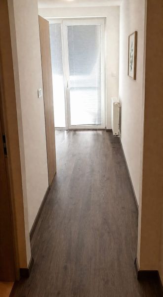 A hallway with sliding doors and a wooden decor floor in a studio apartment.