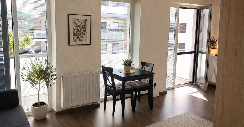 Dining area with a black table and a plant in a studio apartment with a balcony.