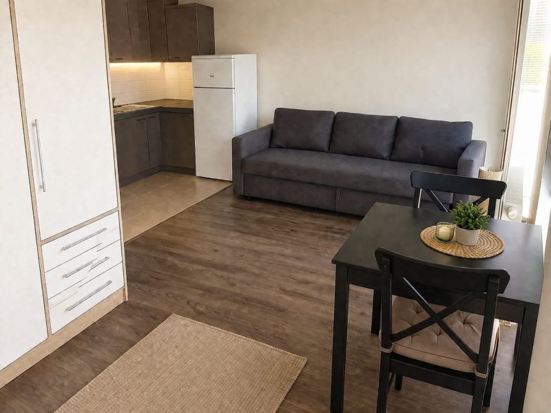 1-bedroom apartment with a kitchenette, sofa, and table. Floor with wood decor.