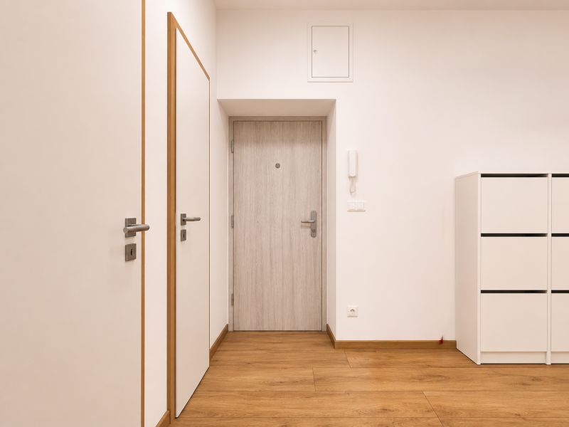 The entrance area of a 2-room apartment with white doors and a floor with a wood decor.