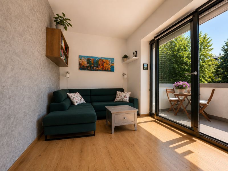 Living room in a two-room apartment with a green sofa, balcony, and wood-patterned flooring.