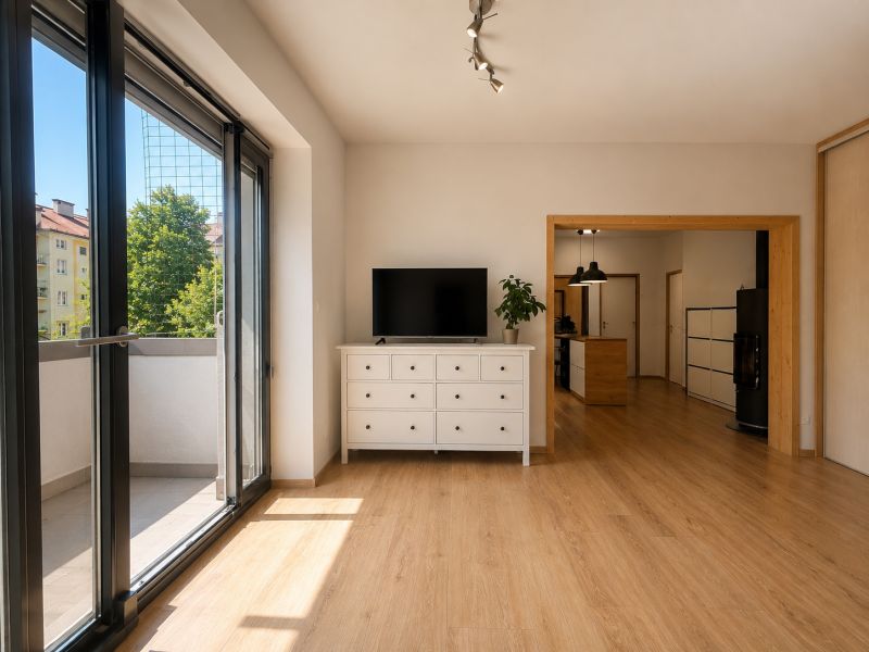 Living room in a two-room apartment with a balcony, TV, and wooden decor flooring.