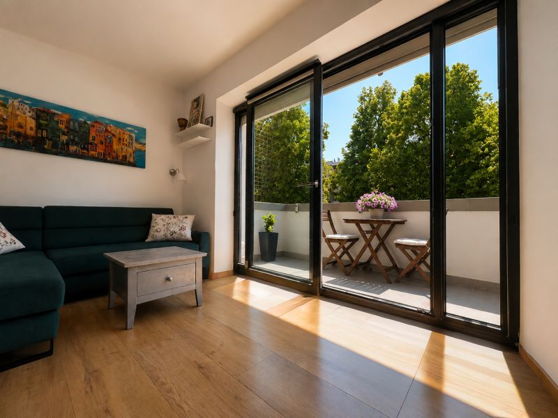 2-room apartment with wood-decor flooring, a balcony, and a sofa by the table.
