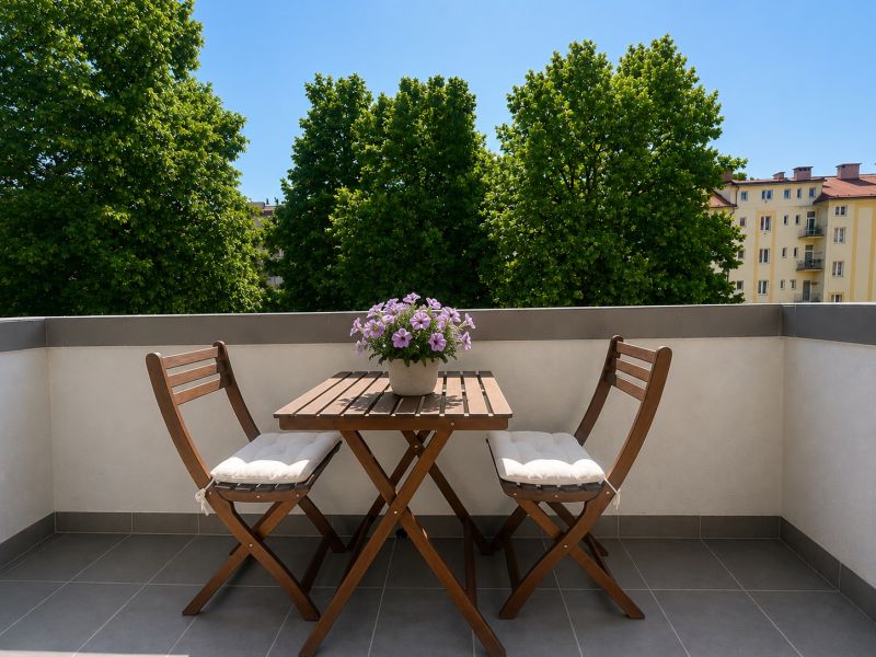 Wooden table and chairs with flowers on the terrace of a 2-room apartment in Banská Bystrica.