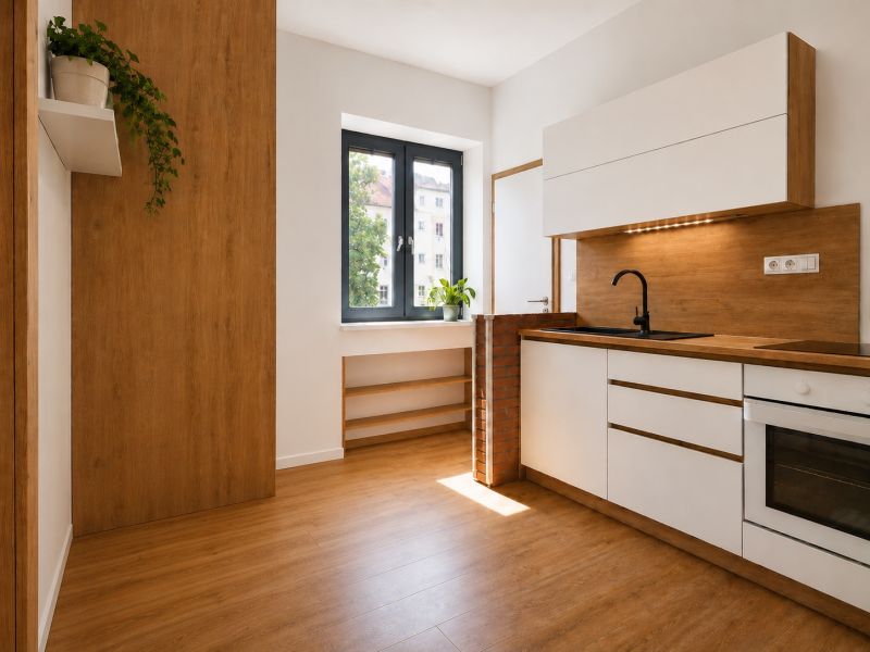 A kitchen in a 2-room apartment with a wooden decor floor and houseplants.