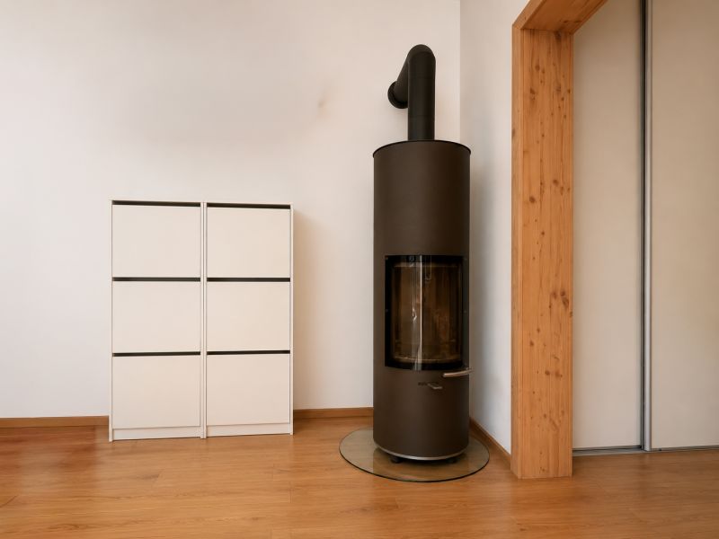 A wood-burning stove in a 2-room apartment on a floor with a wooden decor next to a white cabinet.