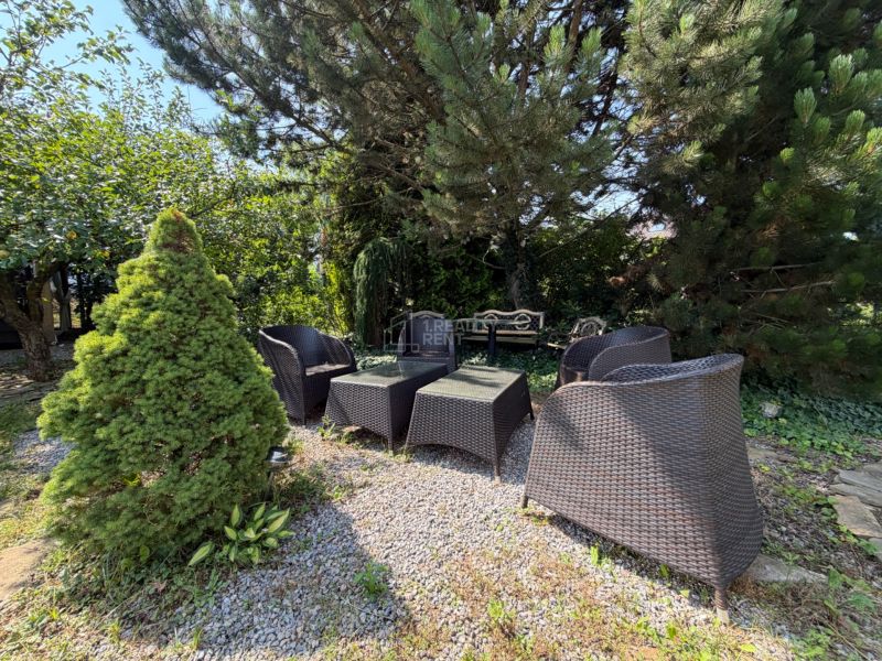 The garden of a family house in Mojš with garden furniture surrounded by trees.