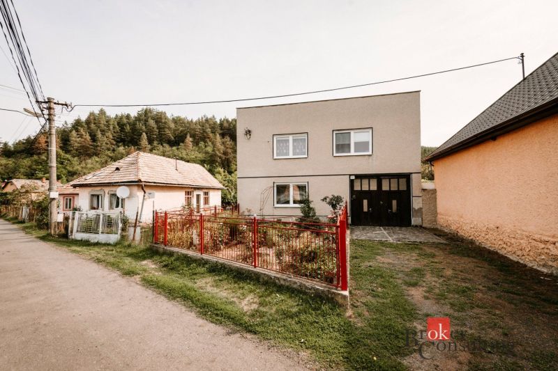 A family house in Radzovce near the forest with a simple garden and a red fence.
