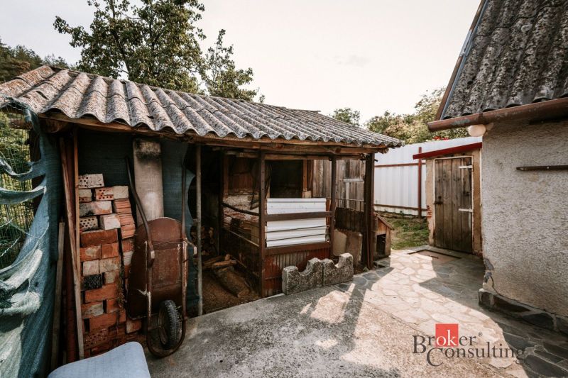 The courtyard of a family house in Radzovce with a wooden annex and old garden tools.