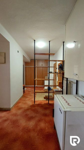 A hallway with a shelf and a red carpet in a 2-room apartment, separated by an open shelving system.