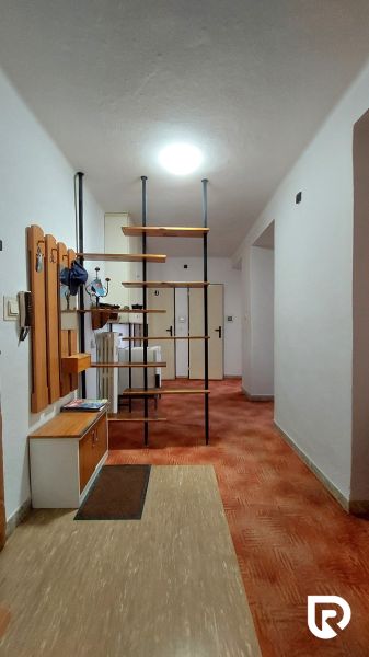 A hallway in a 2-room apartment with shelves and a coat rack, red carpet on the floor.