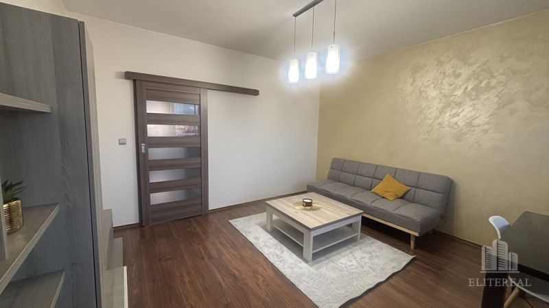 Living room in a 3-room apartment with a sofa, table, and floor with wooden decor.