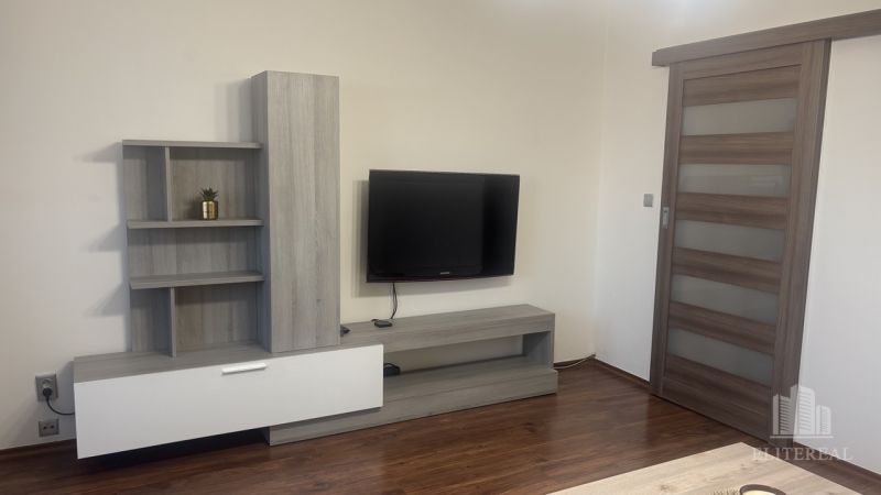 Living room with a television, wooden cabinets, and sliding doors.