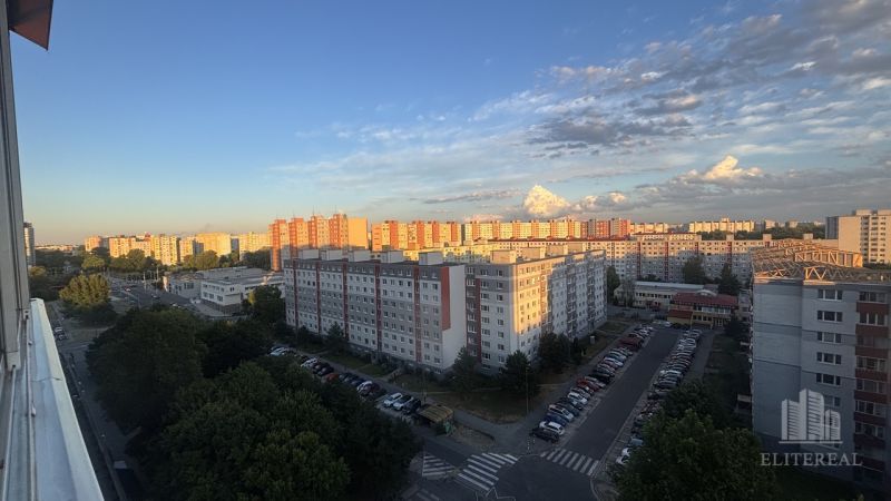 View of the housing estate in Bratislava - Petržalka from Mánesovo Square, surrounded by greenery and parking lots.