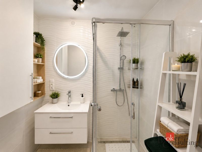 A bathroom in a studio apartment with a sink, shower, shelves, and a mirror.