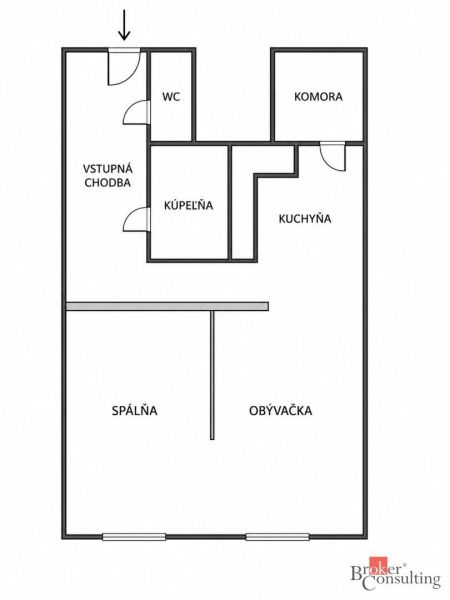 Floor plan of a one-bedroom apartment with a bedroom, living room, kitchen, bathroom, and storage room.