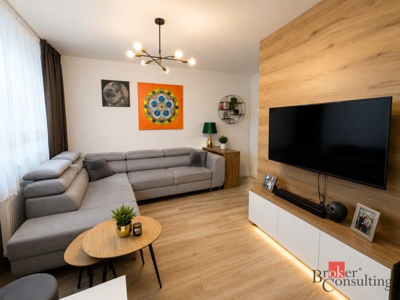 Living room in a one-room apartment with a gray sofa and a wooden decor floor.