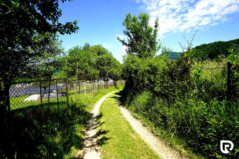 A path along the fence in the Recreational Grounds Lysice with lush vegetation and a blue sky.