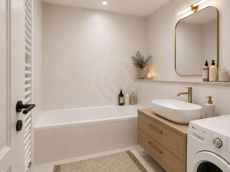 Bathroom with a bathtub, a sink on a wooden cabinet, and a washing machine in a 2-room apartment.