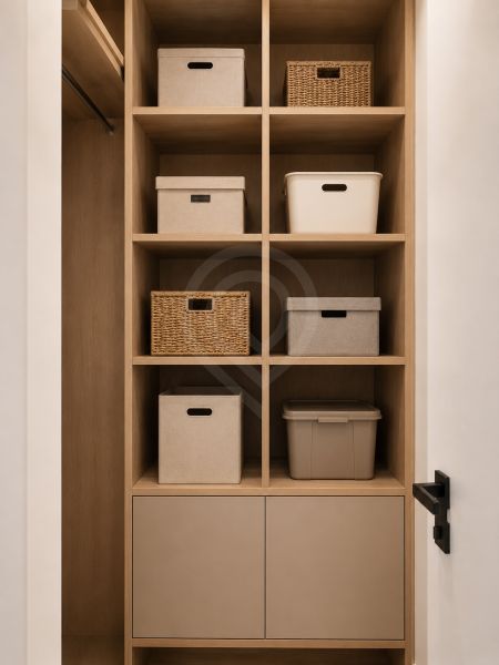 Storage space in a 2-room apartment with shelves and organizers.