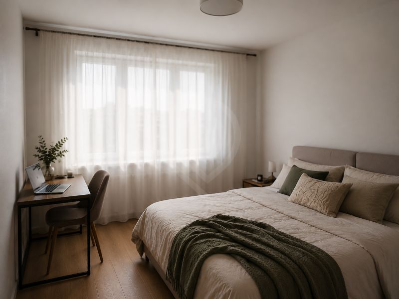 A bright bedroom in a two-room apartment with a wood-patterned floor, a desk, and a double bed.