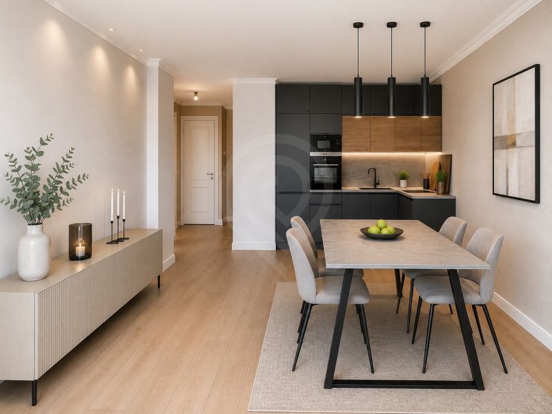 Modern kitchen and dining room in a two-room apartment with wood-patterned flooring.