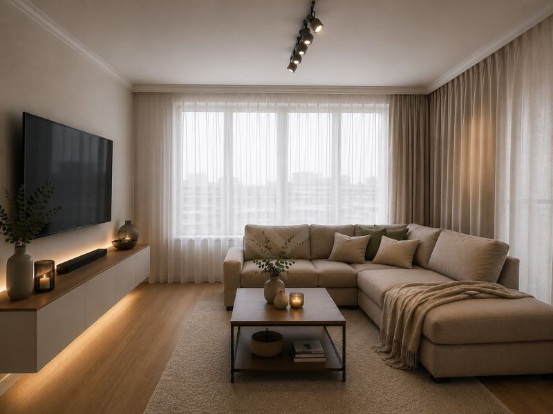 Living room in a two-room apartment with a comfortable sofa set and a wooden decor floor.