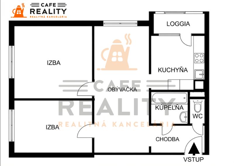 Floor plan of a 3-room apartment with a loggia, bathroom, kitchen, and living room.