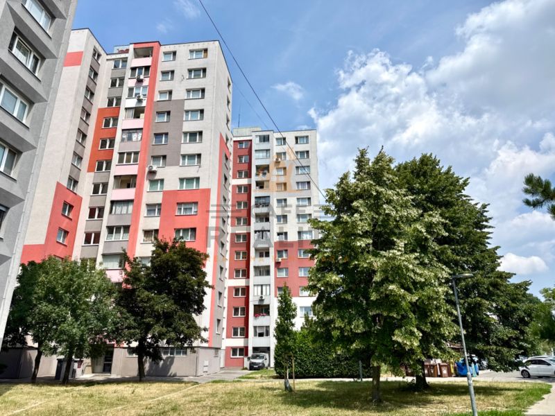 The exterior of the apartment building on Andrusovova Street in Bratislava - Petržalka with landscaped greenery.