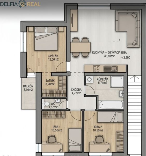 Layout of a 4-room apartment with a kitchen, living room, bathroom, balcony, and floor with wooden decor.