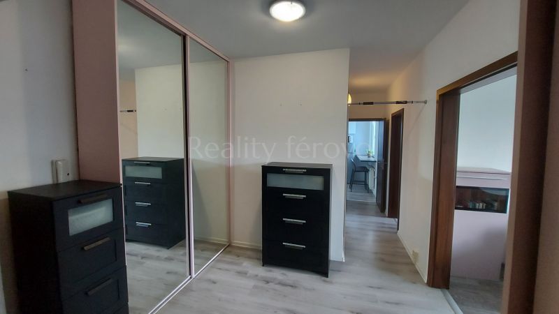 A hallway in a 2-room apartment with a wooden decor floor and a mirrored wardrobe.
