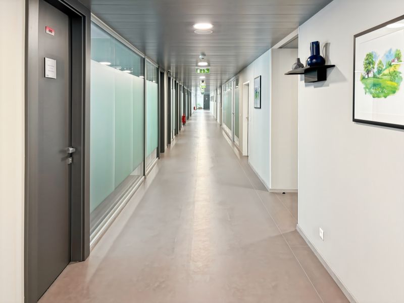 Offices with a long corridor and glass partitions, a picture on the wall, decorations on the shelf.
