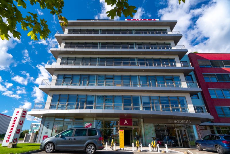 Office building at Galvaniho 15/A in Bratislava - Trnávka with a glass facade and balconies.