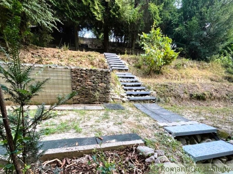 Stone steps leading through the forest to a cabin in Bratislava IV are surrounded by dense trees.