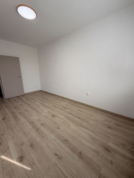 A room with a wooden floor decor in a 2-room apartment, white walls, round lighting fixture.