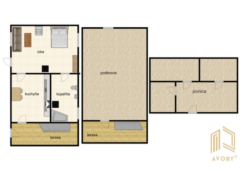 Floor plan of a cottage with a room, kitchen, bathroom, terrace, and basement.