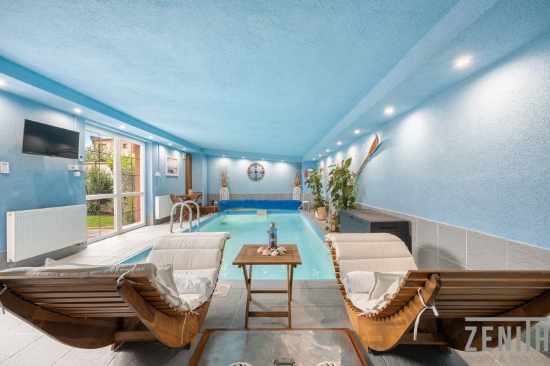 A blue interior of a family house with a pool, loungers, and plants.