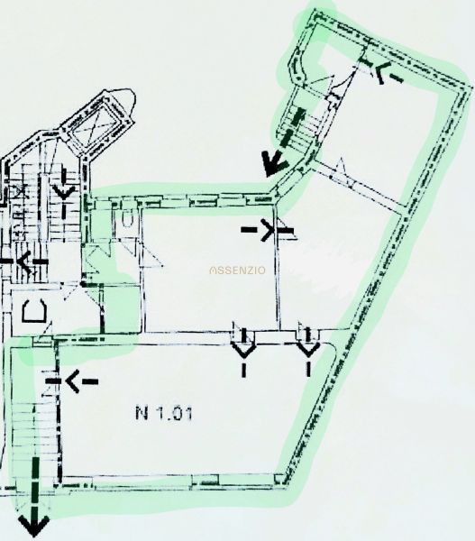 Floor plan of gastro spaces with green highlighting of routes and rooms.