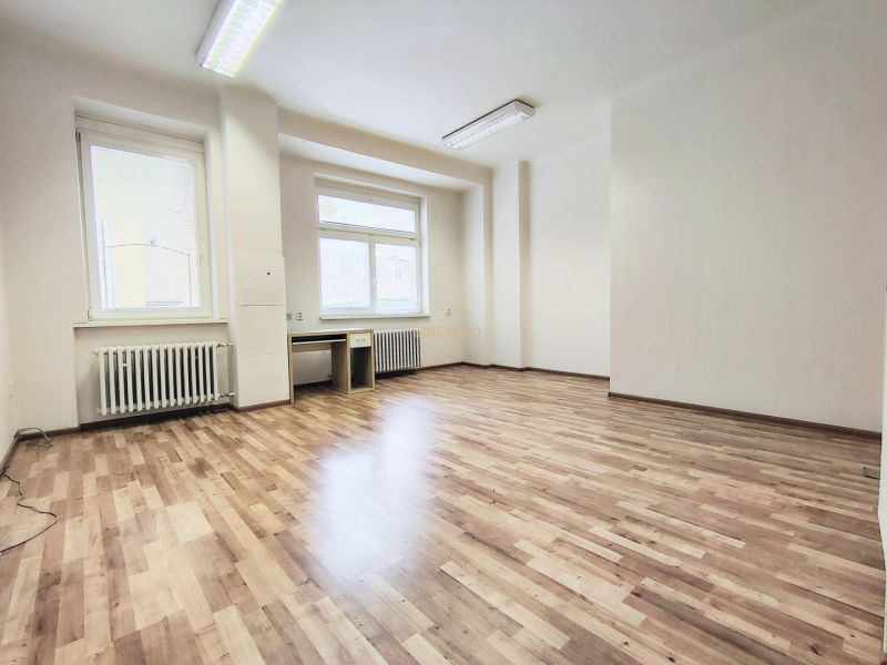 Offices with large windows, wood-patterned flooring, and wall radiators.