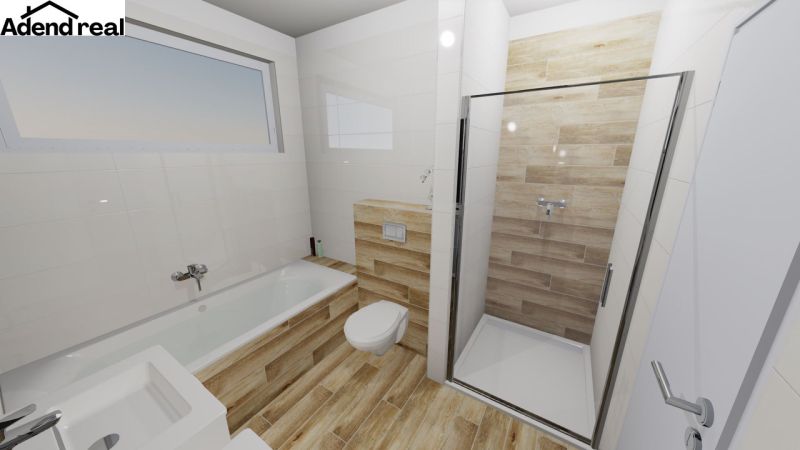Bathroom with a bathtub and shower, wooden decor flooring in a family house.