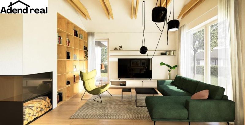 Living room with a fireplace, green sofa, and wood-patterned flooring in a family house.